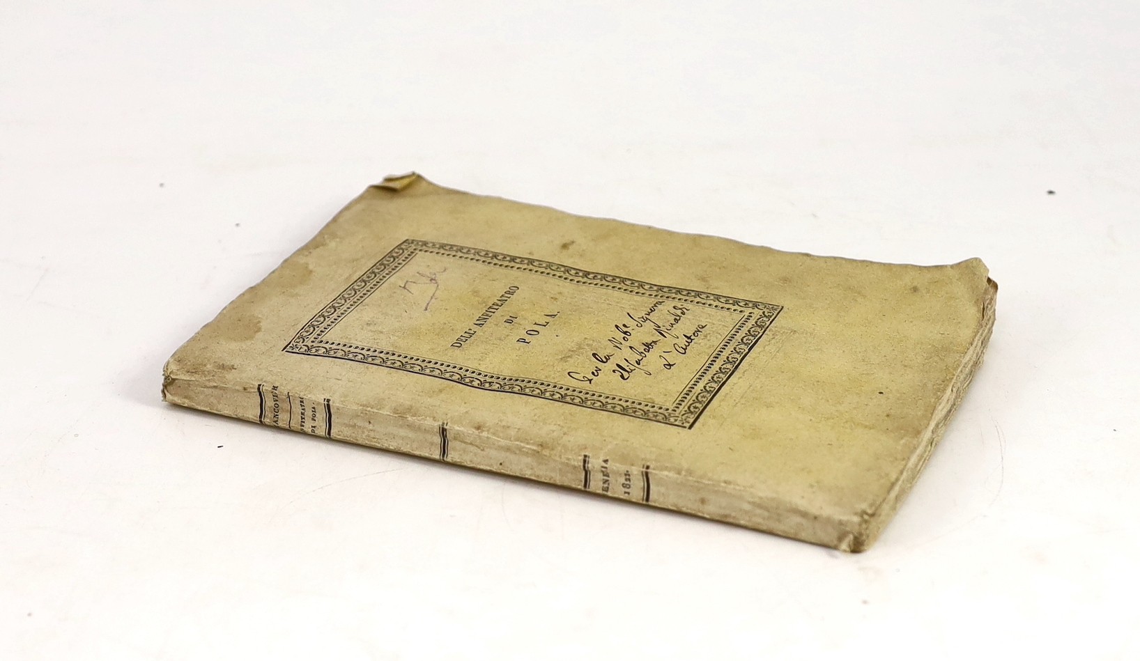 Stancovich, Pietro - Dello Anfiteatro di Pola: dei gradi Marmorei de Medesimo ... portrait frontis, 7 engraved plates (5 folded) and a folded table, errata leaf: original printed wrappers, uncut, Venice, 1822